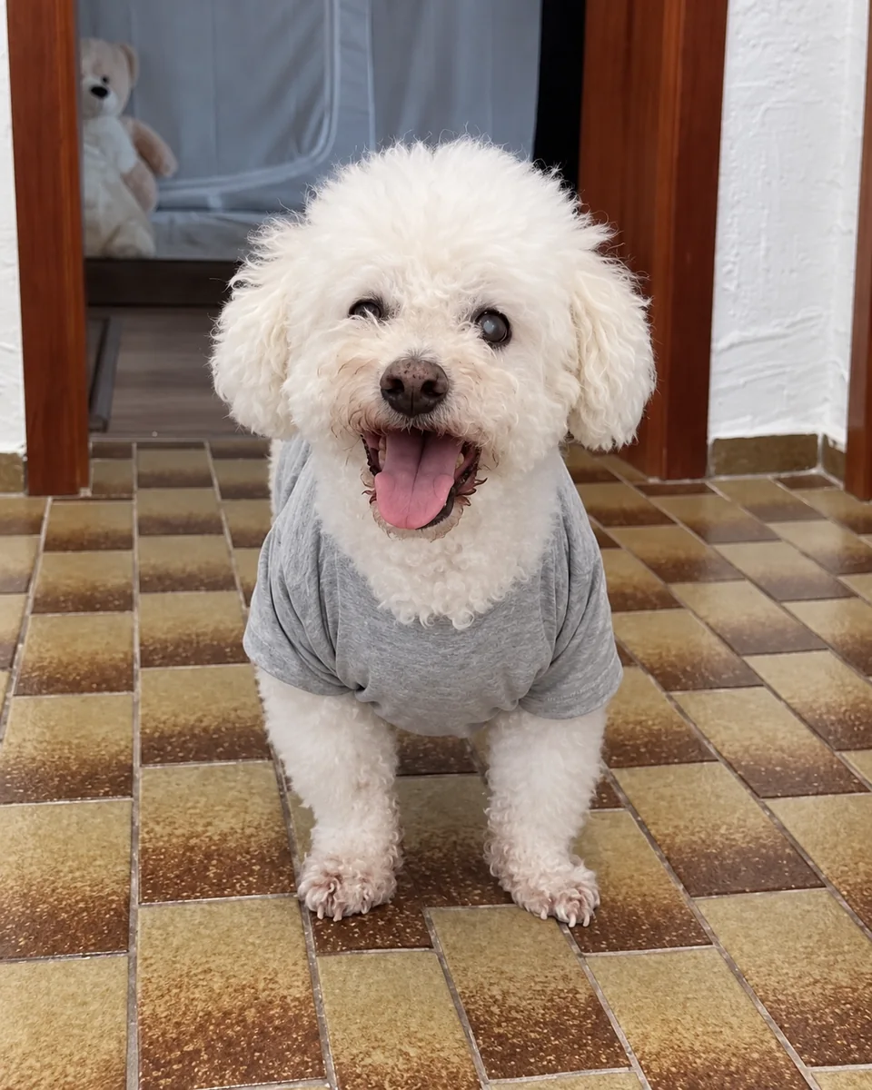 A happy white dog in a grey shirt looks at the camera with his mouth open.