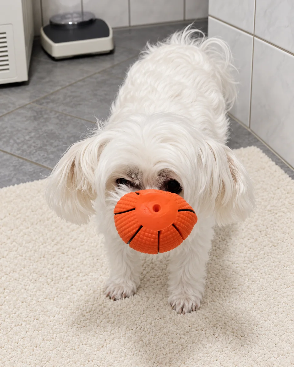 Pixel, the little soul, holds an orange ball in his mouth while standing on a light-coloured rug.