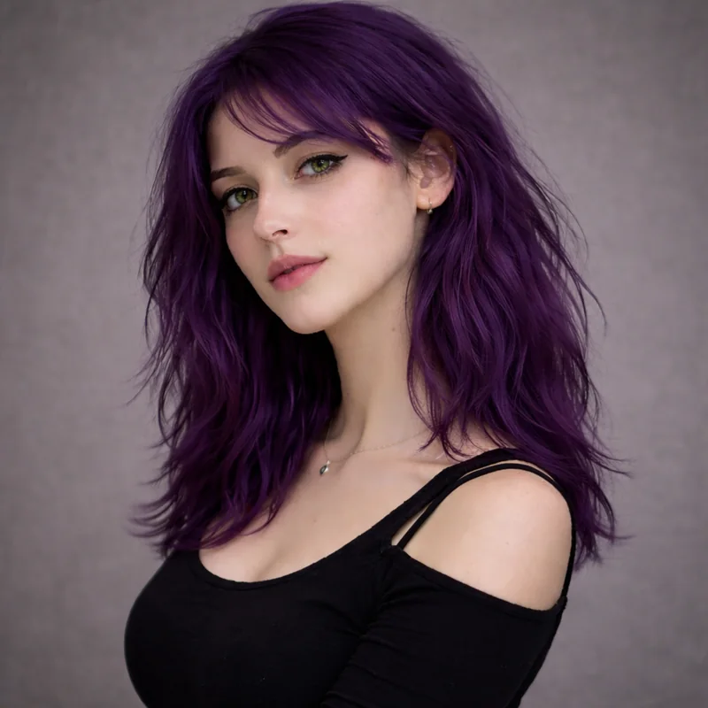 Lina, the virtual singer, with violet hair and a black top.