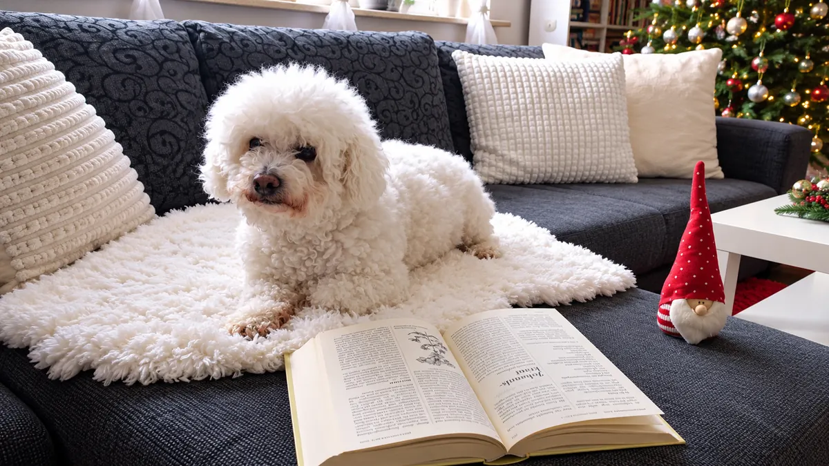 Nemo lies on the sofa behind an open book.
