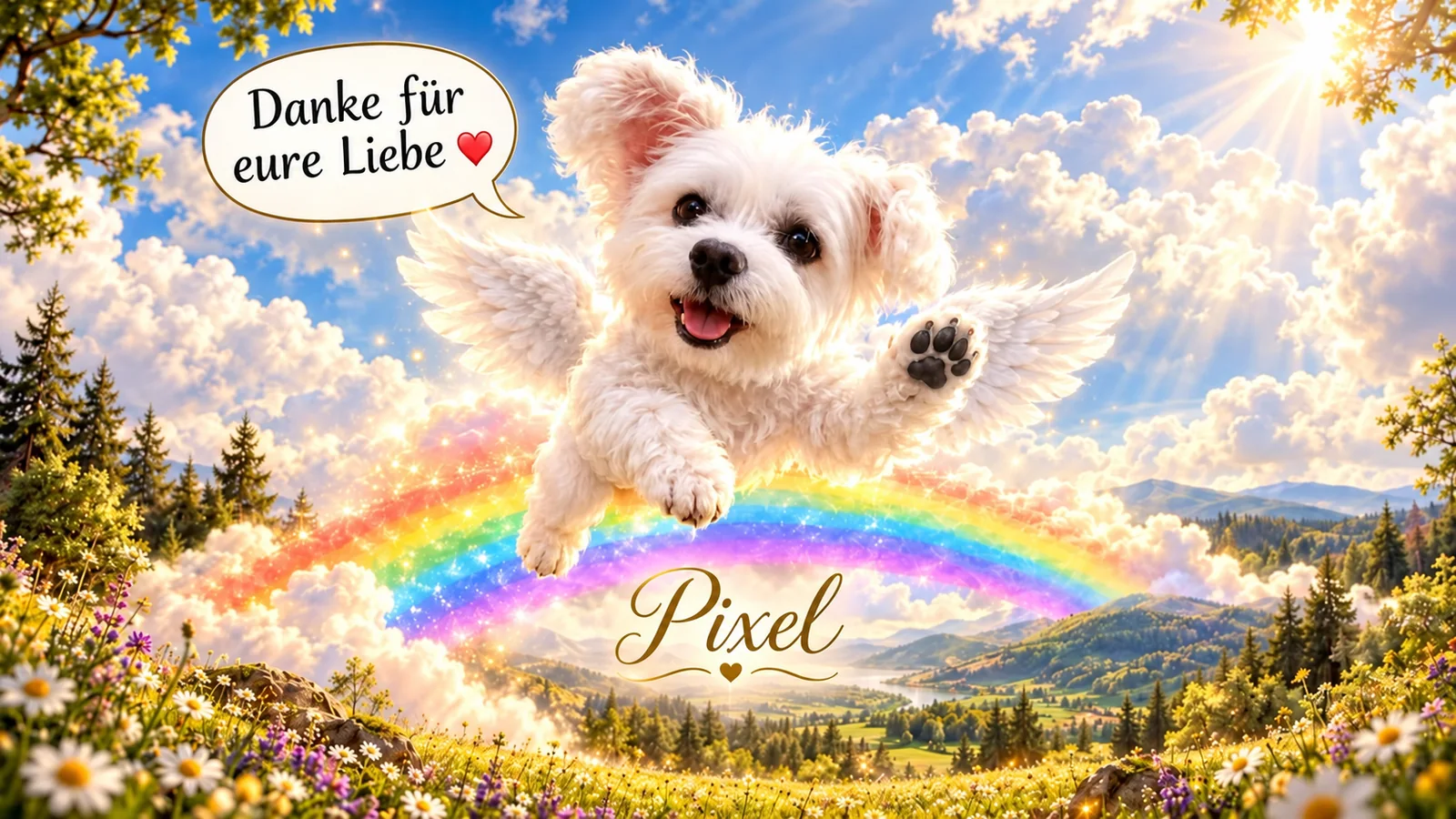 Pixel mit Engelsflügeln über einem Regenbogen in sonniger Landschaft. Im Bild steht: Danke für eure Liebe. Pixel.