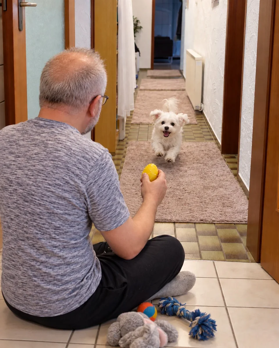 Rainer aka “the Big Guy” sits on the floor with a yellow toy. Pixel runs happily towards him.